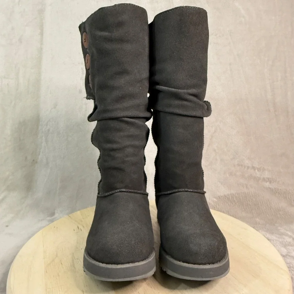SKECHERS Women's Boots Sz 5 Suede Keepsakes Freezing Point Slouch Faux Fur Shoes